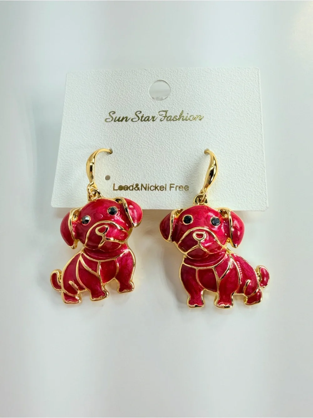 Gold-Trim Red Puppy Dog Drop Earrings - Fashion Pet Jewelry
